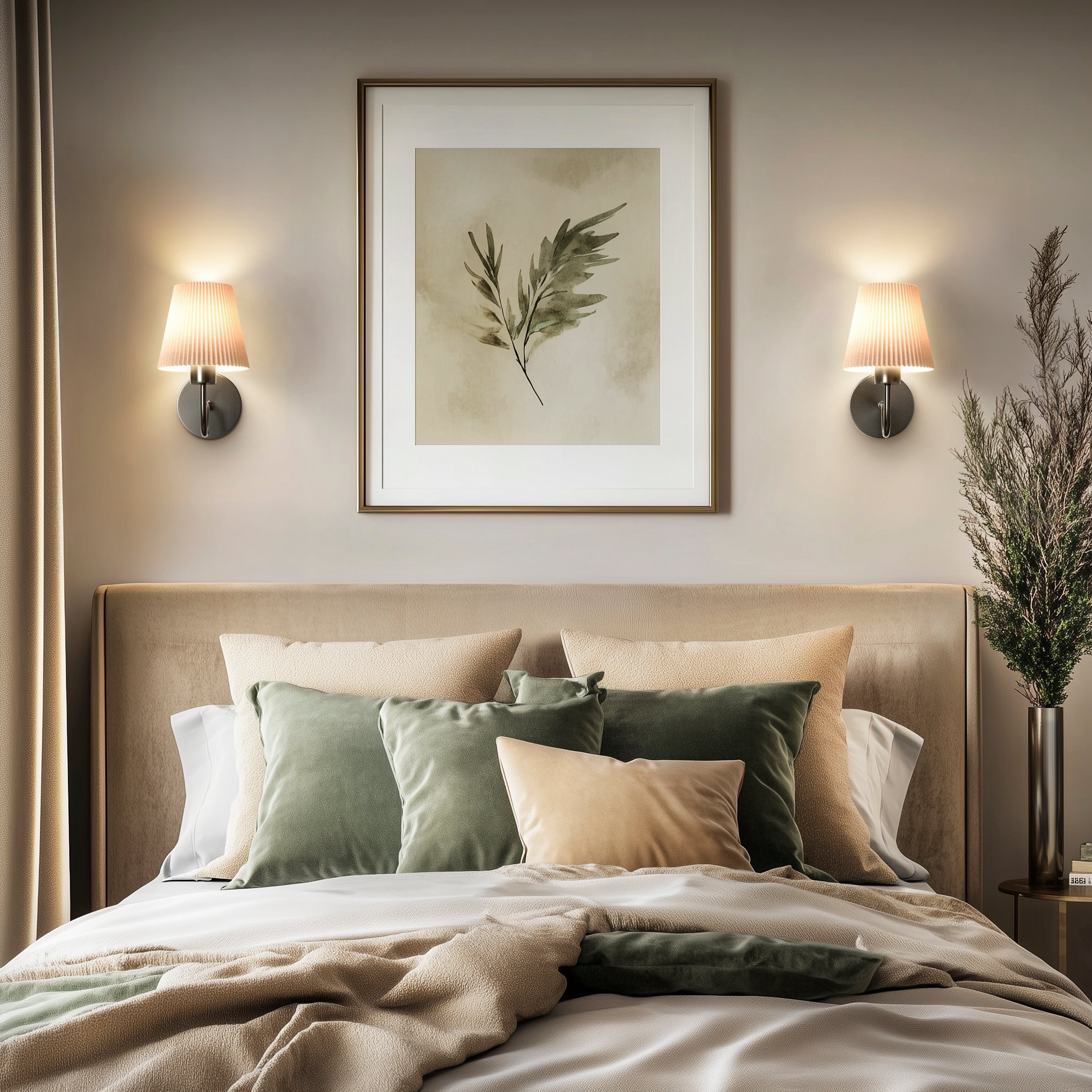 Curved Wireless Wall Sconces | Set of 2, Pleated Shade