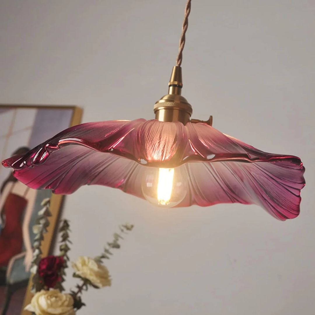 Floral Glass Pendant Light | Ribbed Shade, Gold Socket