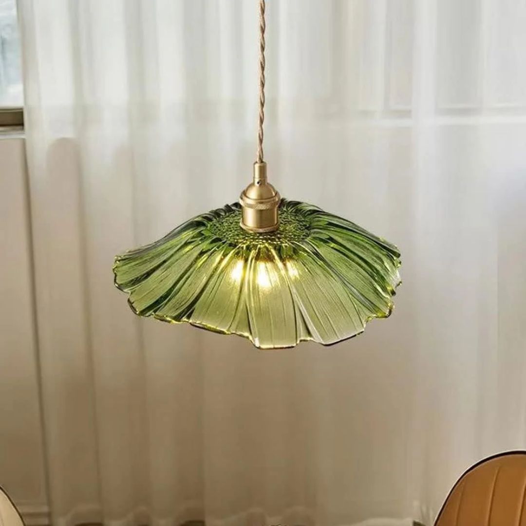 Floral Glass Pendant Light | Ribbed Shade, Gold Socket