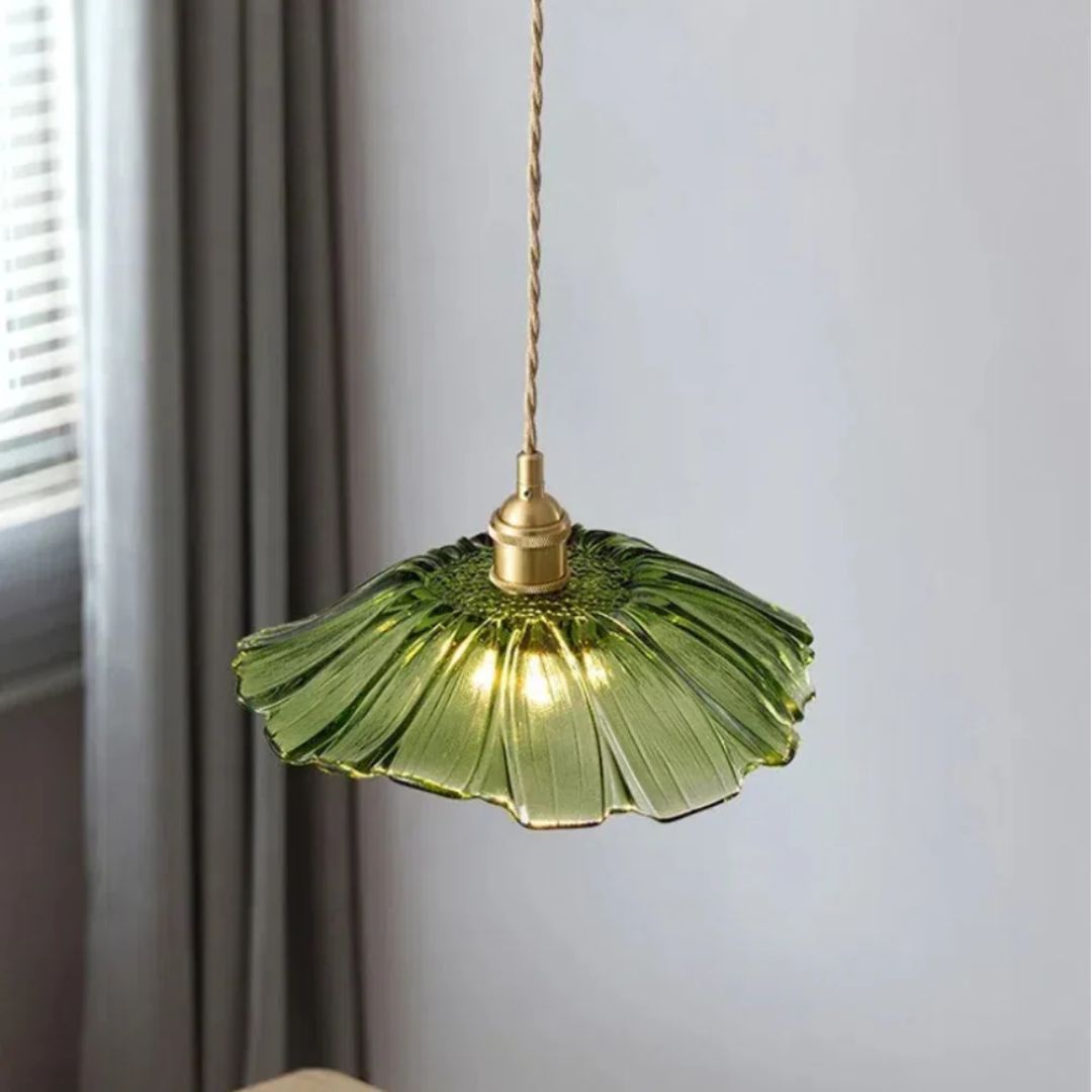 Floral Glass Pendant Light | Ribbed Shade, Gold Socket