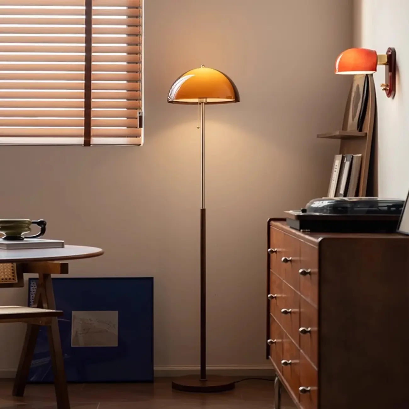 Walnut Wood Floor Lamp with Amber Dome | Mid-Century Vintage Style, E27