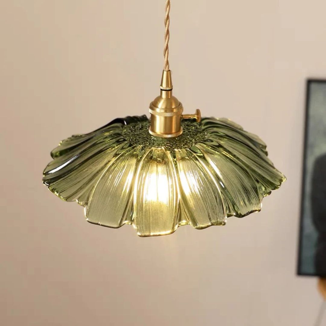 Floral Glass Pendant Light | Ribbed Shade, Gold Socket