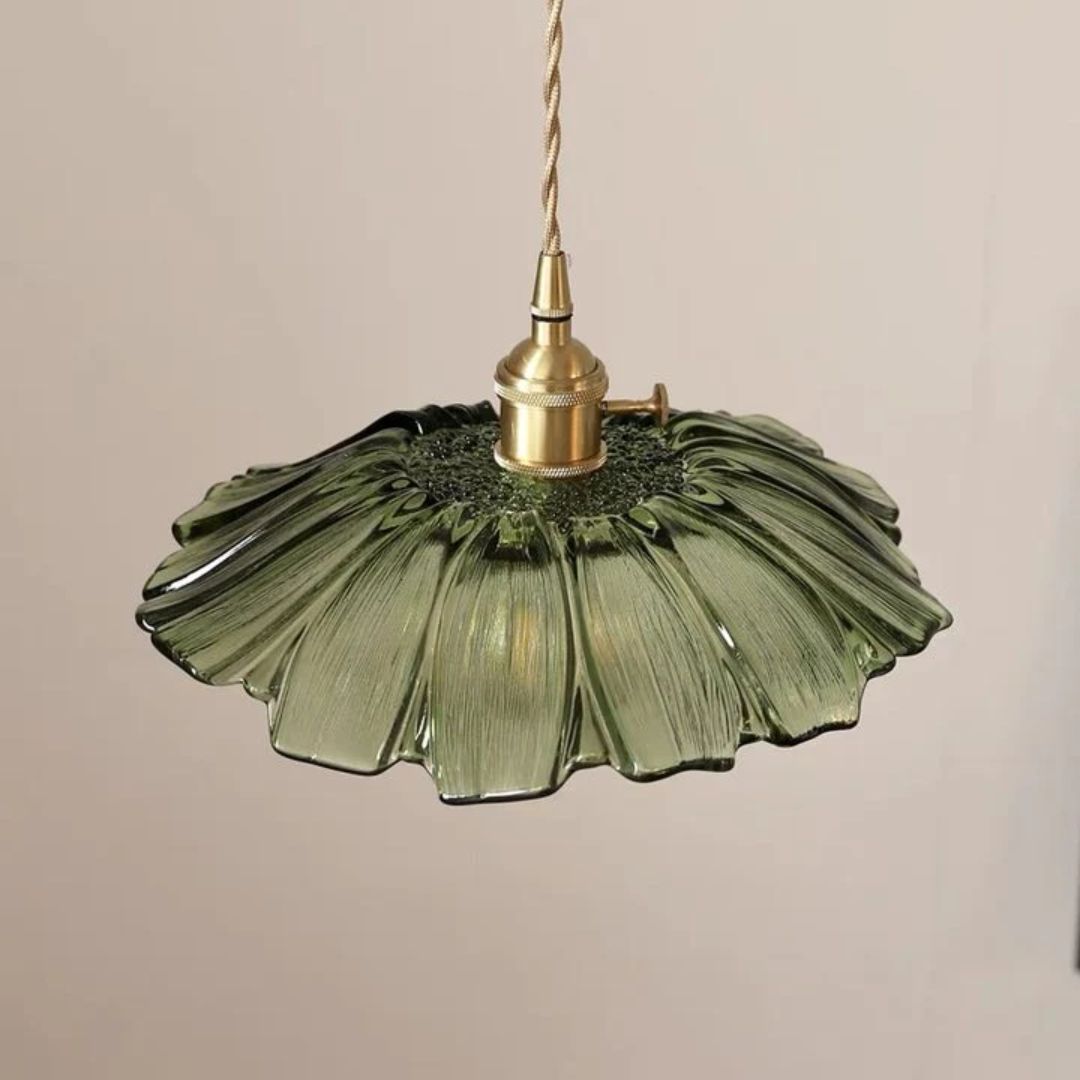 Floral Glass Pendant Light | Ribbed Shade, Gold Socket