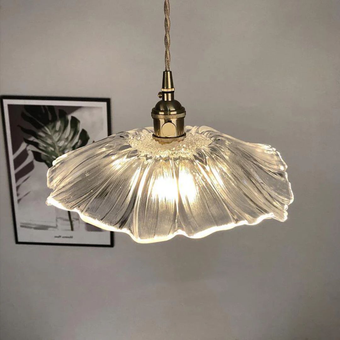 Floral Glass Pendant Light | Ribbed Shade, Gold Socket