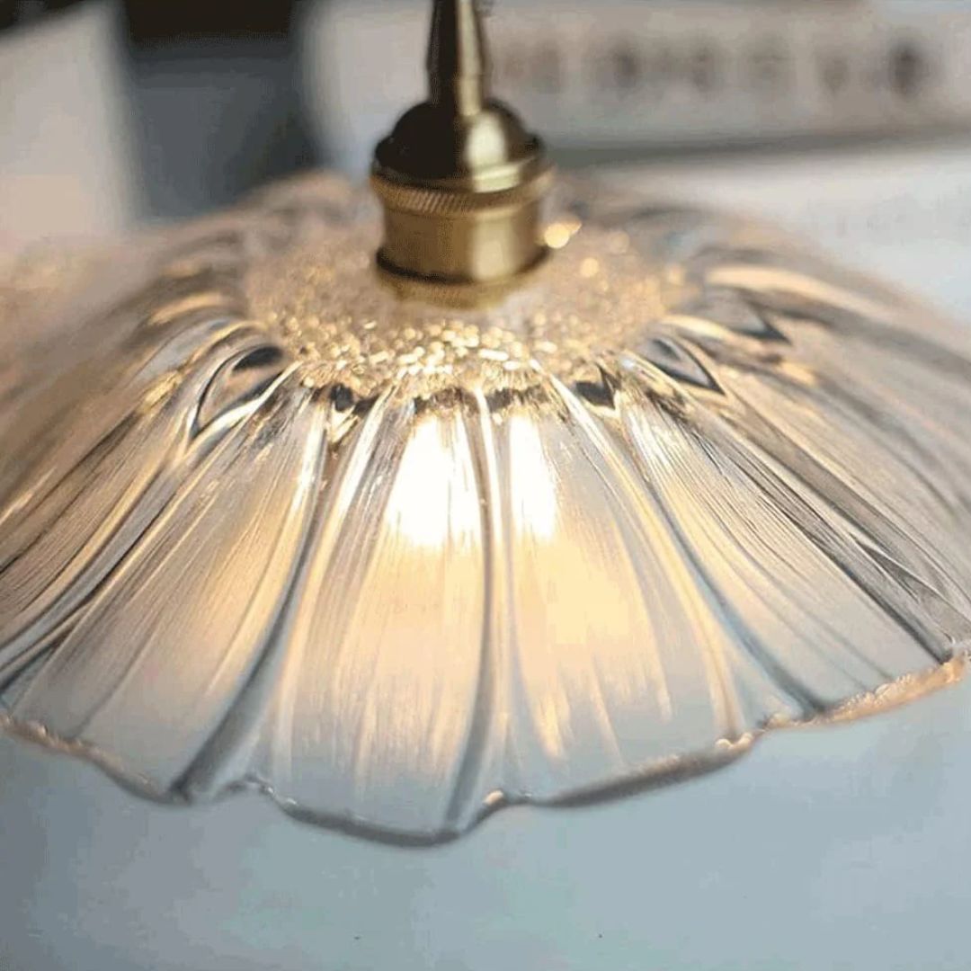 Floral Glass Pendant Light | Ribbed Shade, Gold Socket