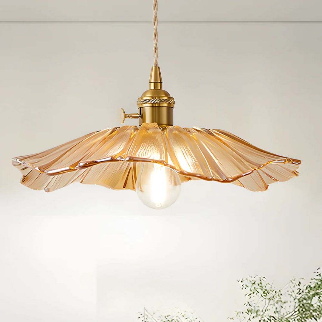 Floral Glass Pendant Light | Ribbed Shade, Gold Socket