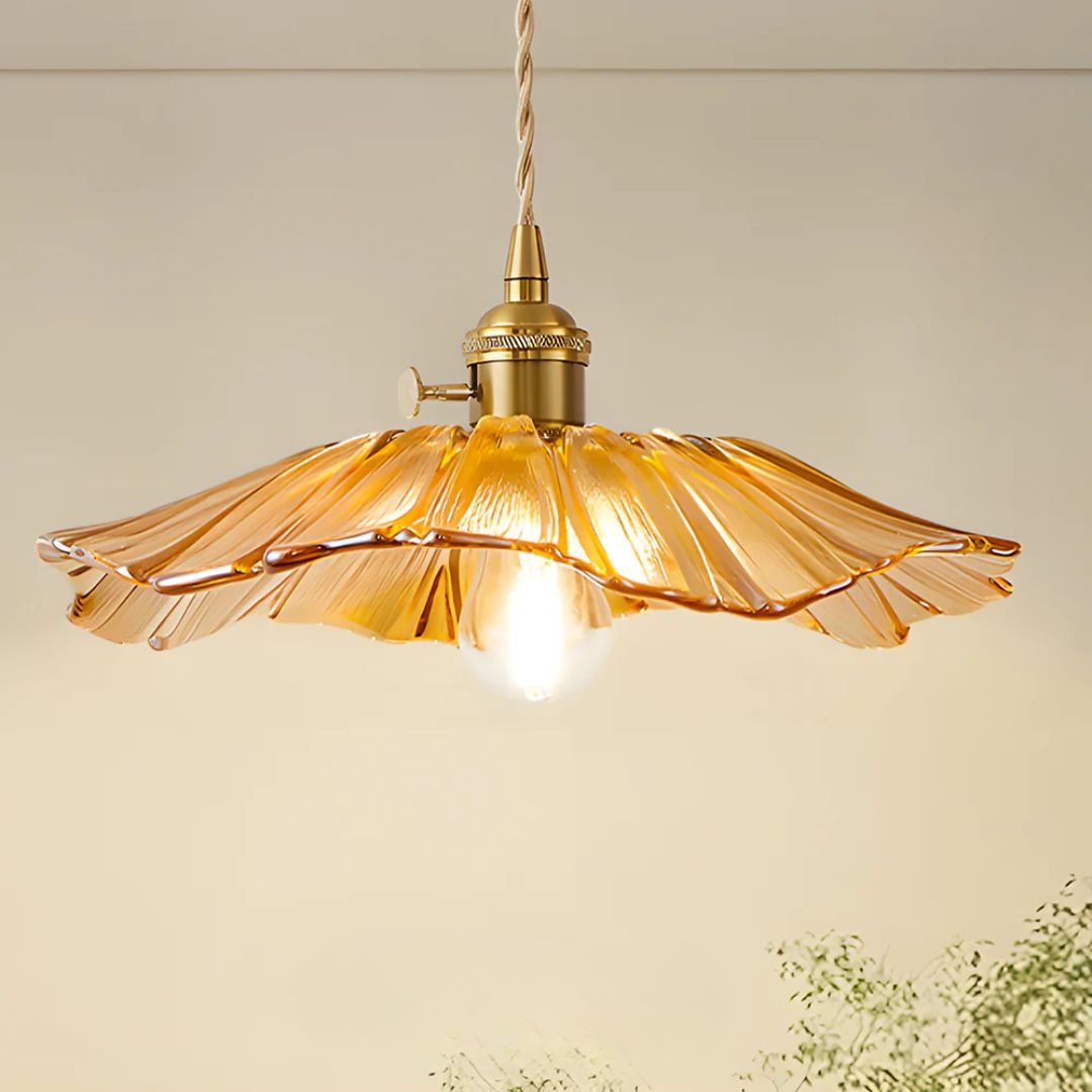 Floral Glass Pendant Light | Ribbed Shade, Gold Socket