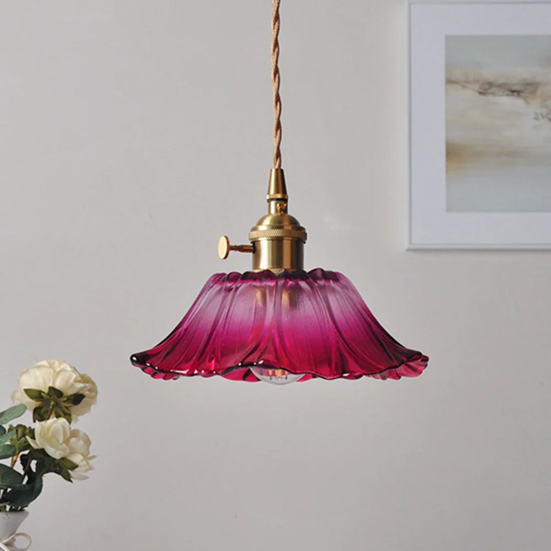 Floral Glass Pendant Light | Ribbed Shade, Gold Socket
