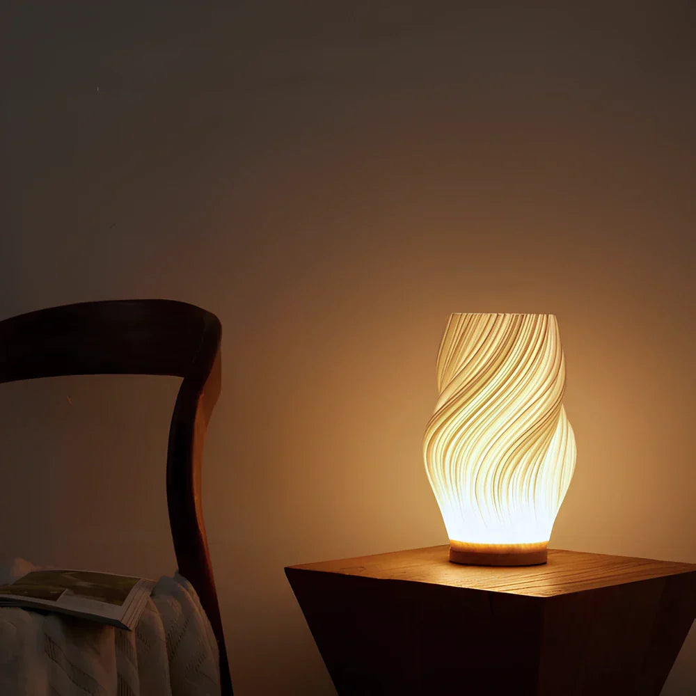Sculptural Wood Base Table Lamp | Dimmable, USB, Wave Design