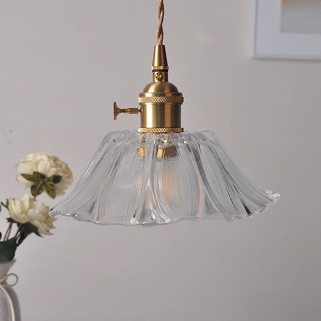 Floral Glass Pendant Light | Ribbed Shade, Gold Socket