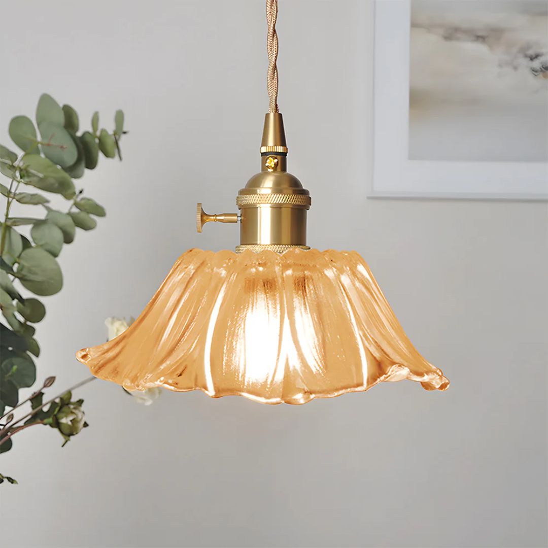 Floral Glass Pendant Light | Ribbed Shade, Gold Socket