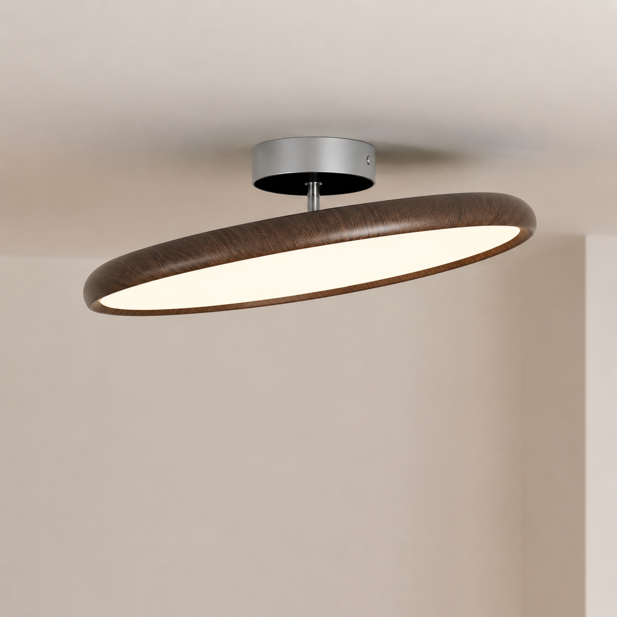 Round Flush Mount Ceiling Light | Wood-Effect Frame, 3000K Warm White