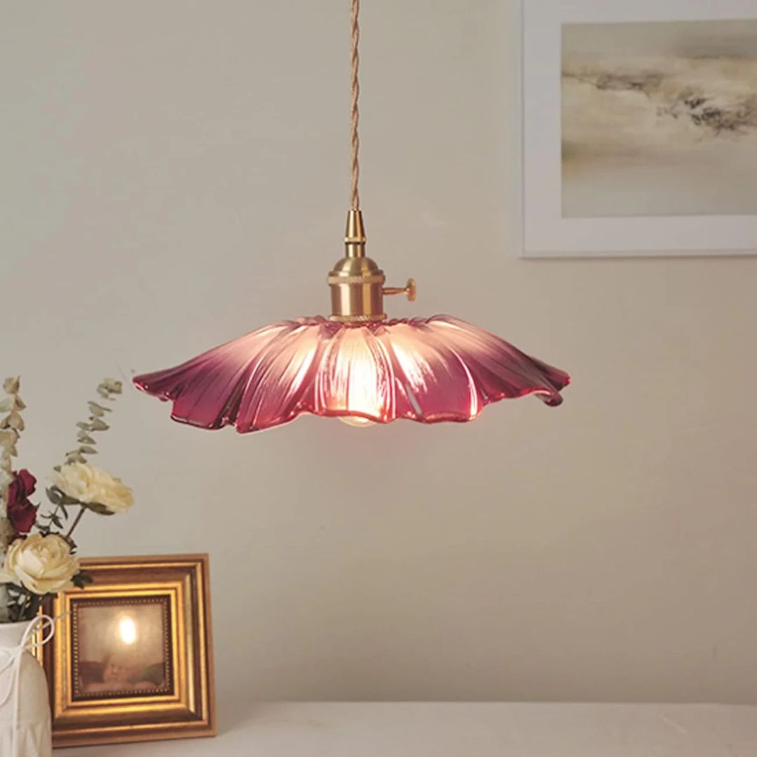Floral Glass Pendant Light | Ribbed Shade, Gold Socket