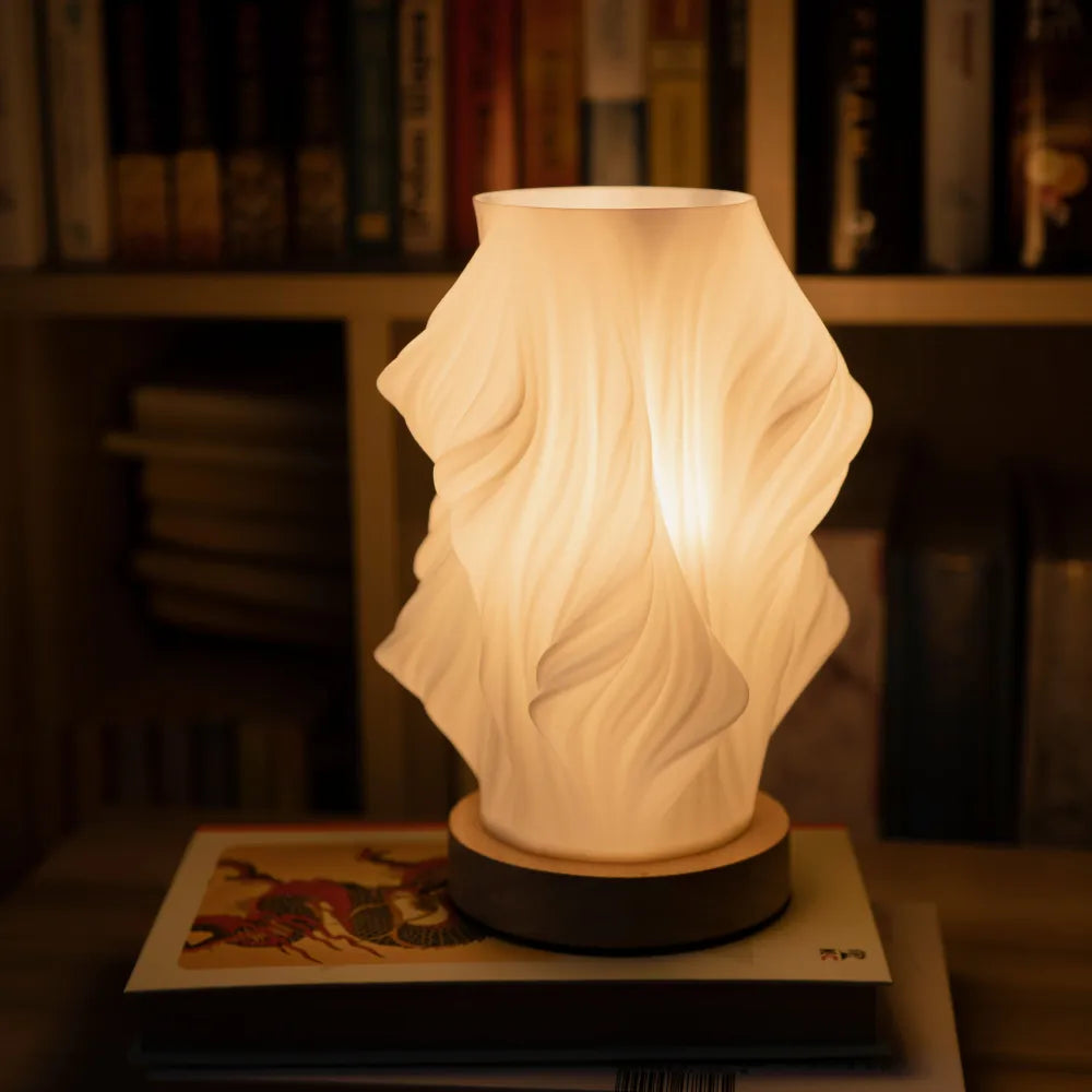 Sculptural Wood Base Table Lamp | Dimmable, USB, Wave Design