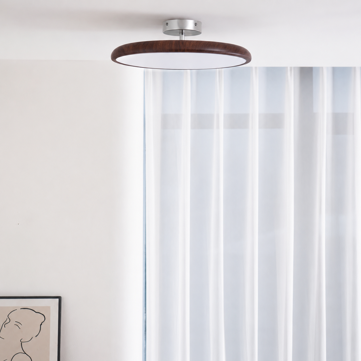 Round Flush Mount Ceiling Light | Wood-Effect Frame, 3000K Warm White