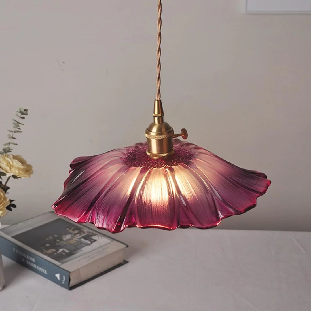 Floral Glass Pendant Light | Ribbed Shade, Gold Socket