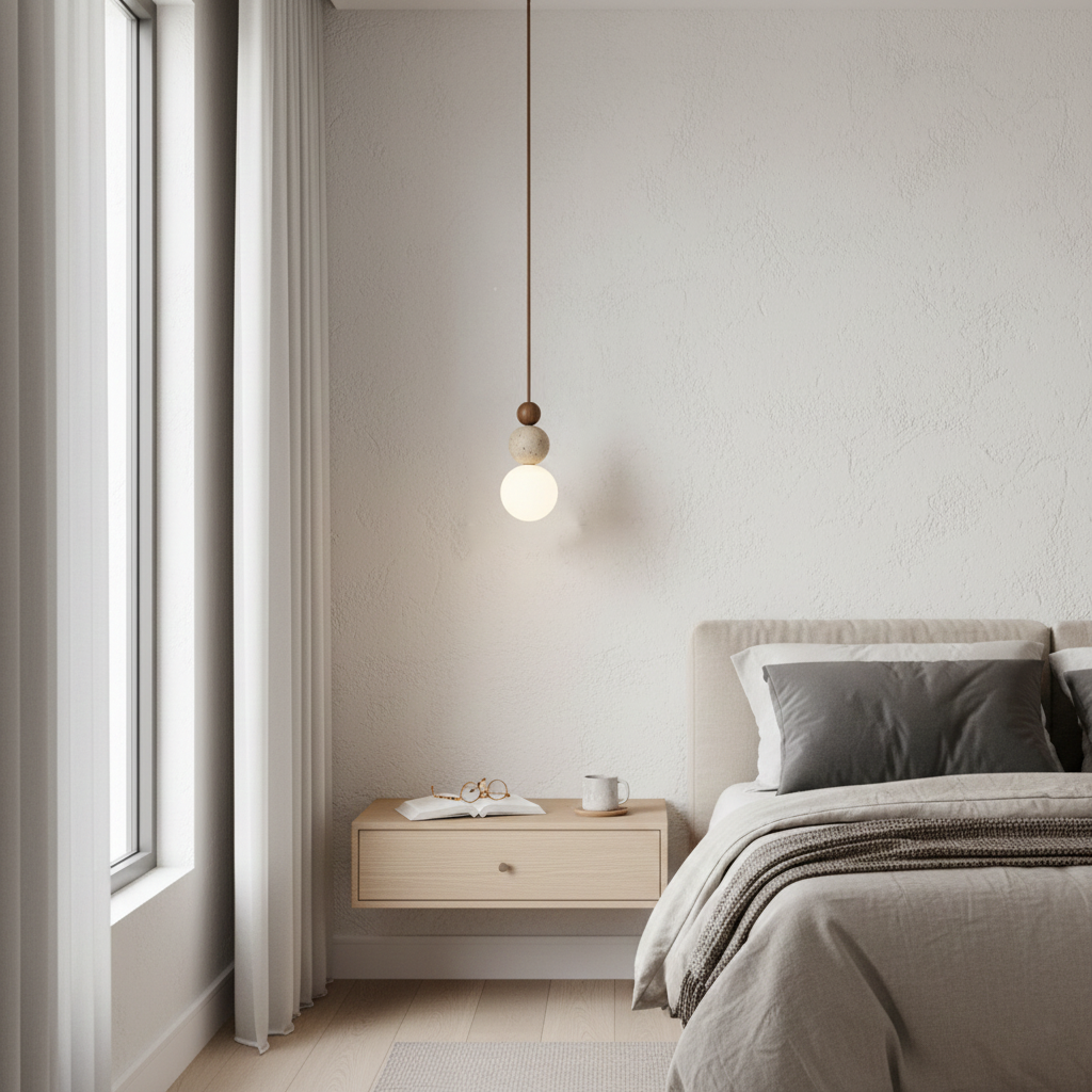 Travertine Stone Pendant Light | Opal Glass, Walnut Wood, Dimmable