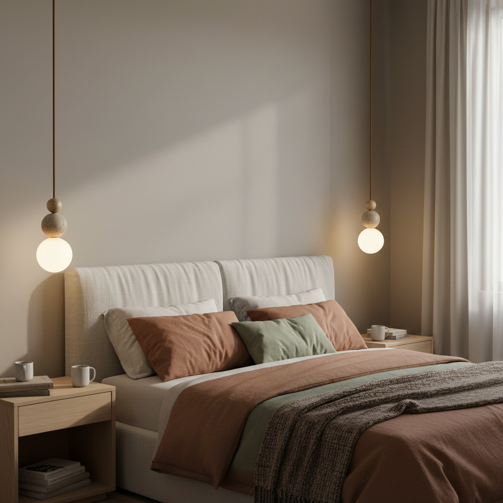 Travertine Stone Pendant Light | Opal Glass, Walnut Wood, Dimmable