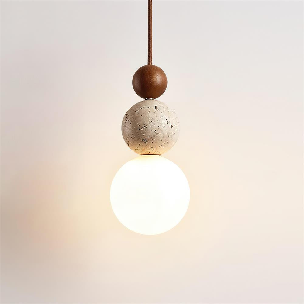 Travertine Stone Pendant Light | Opal Glass, Walnut Wood, Dimmable