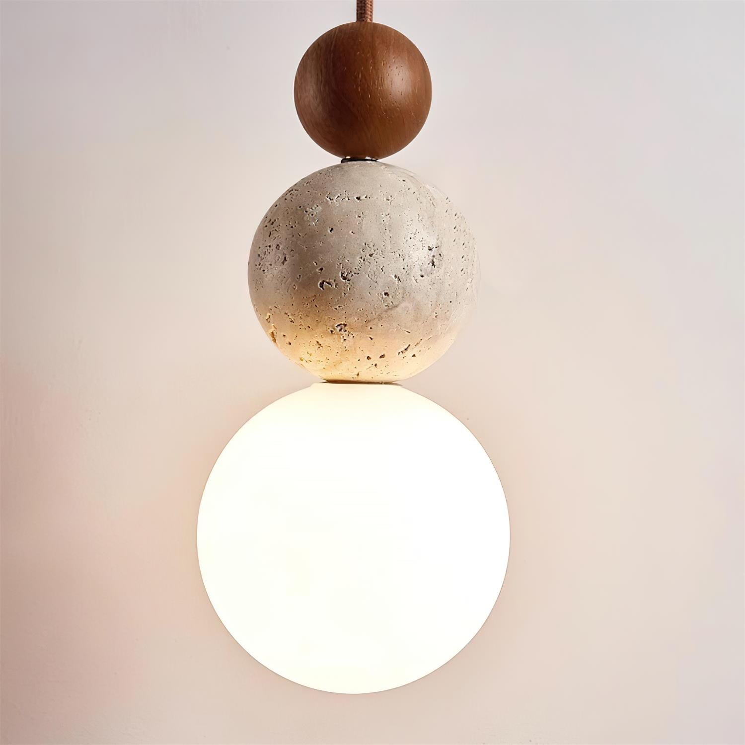 Travertine Stone Pendant Light | Opal Glass, Walnut Wood, Dimmable