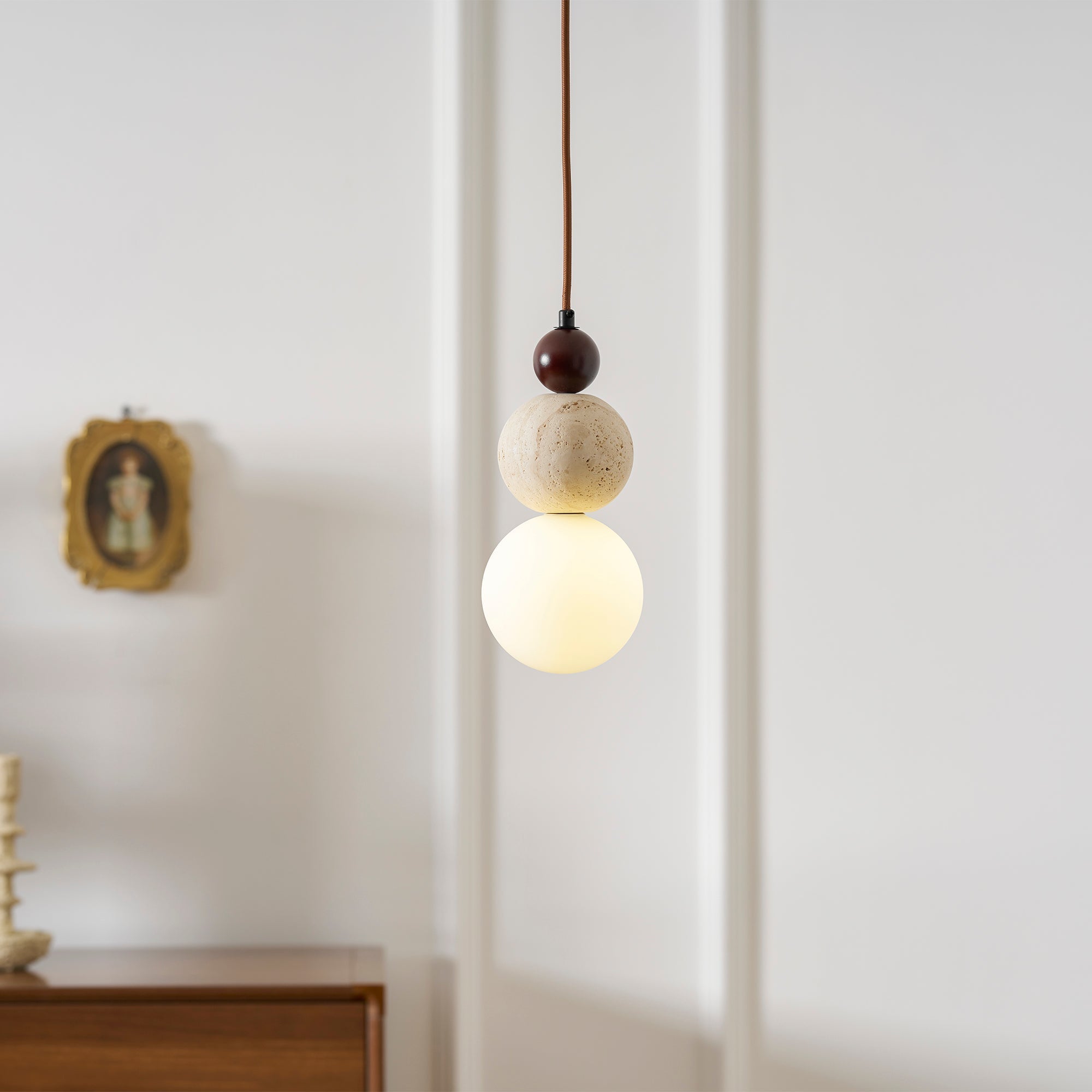 Travertine Stone Pendant Light | Opal Glass, Walnut Wood, Dimmable