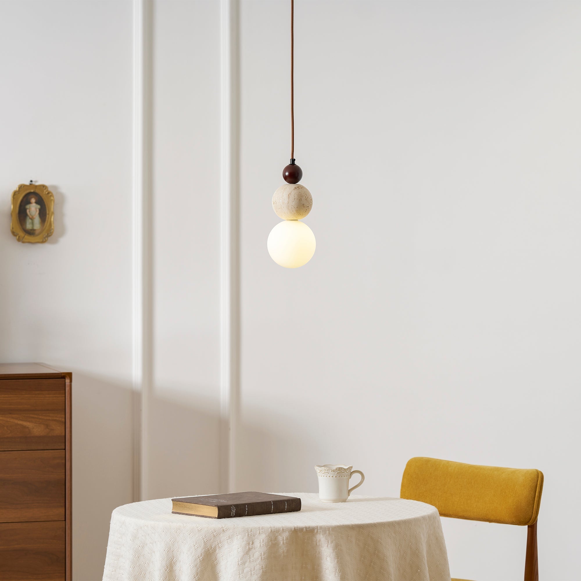 Travertine Stone Pendant Light | Opal Glass, Walnut Wood, Dimmable