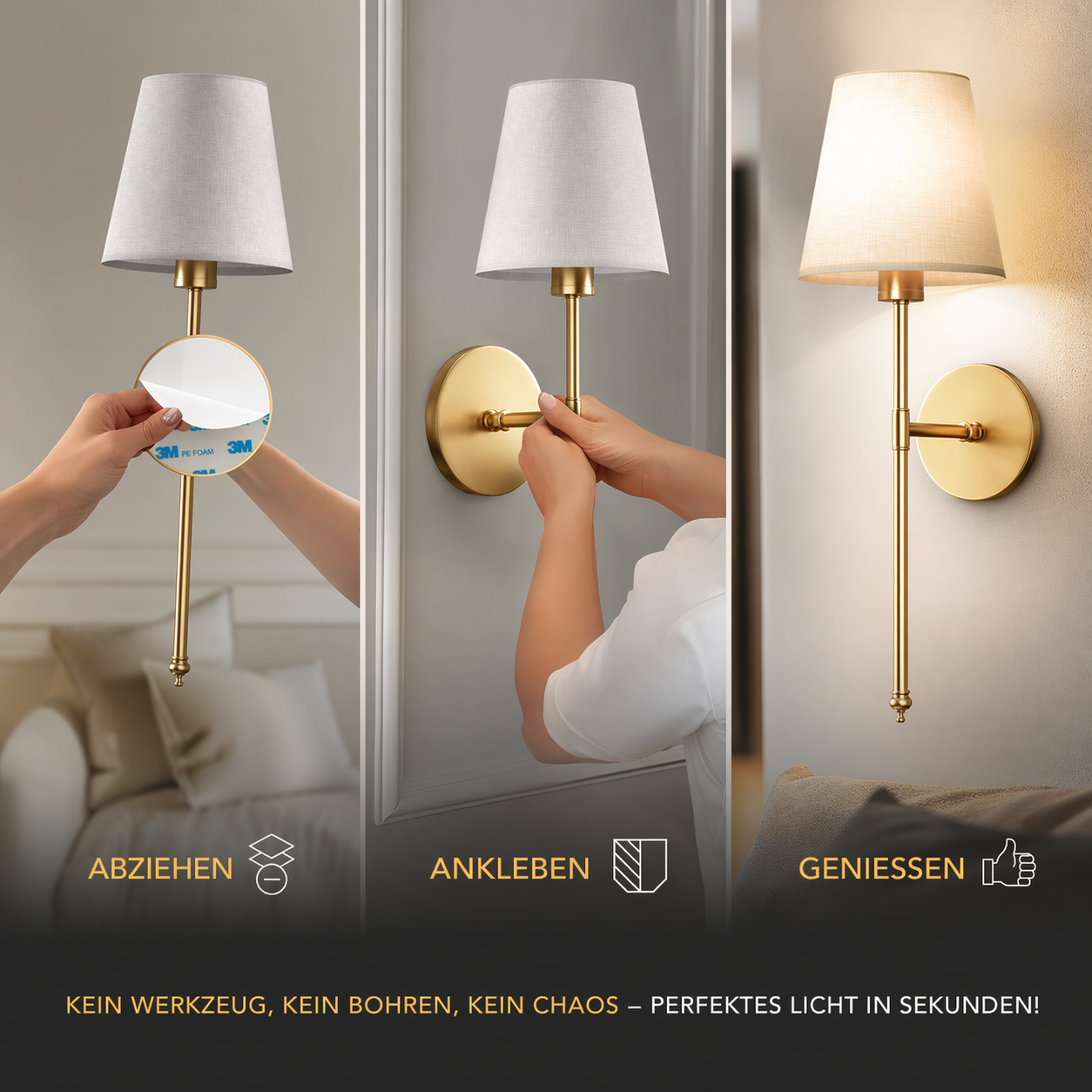 Wireless Wall Sconces with Fabric Shade | Set of 2, No Hardwiring