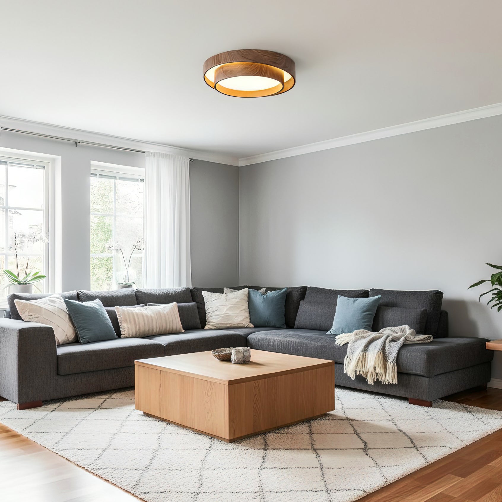 Round Walnut-Look LED Ceiling Light | Dimmable, Low Profile