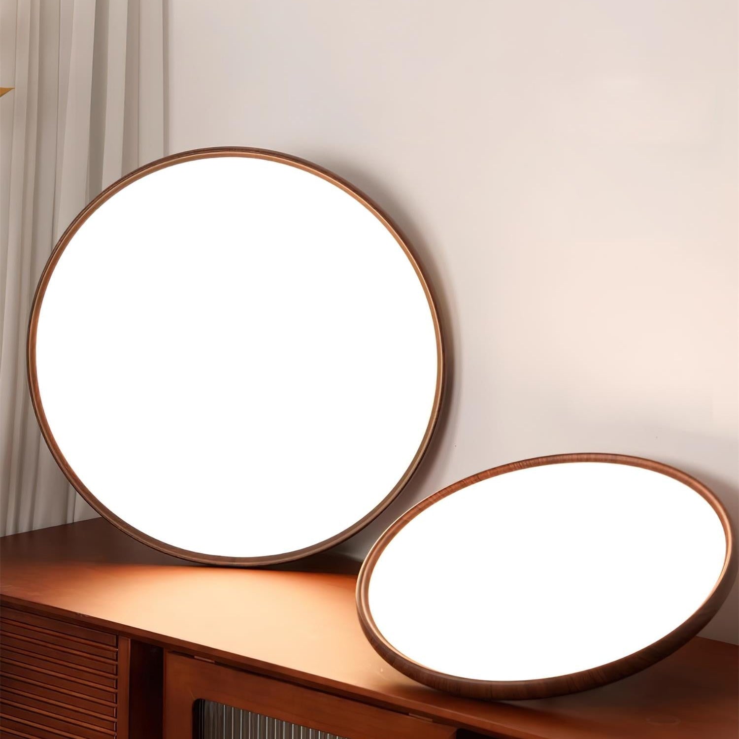 Round Flush Mount Ceiling Light | Wood-Effect Frame, 3000K Warm White