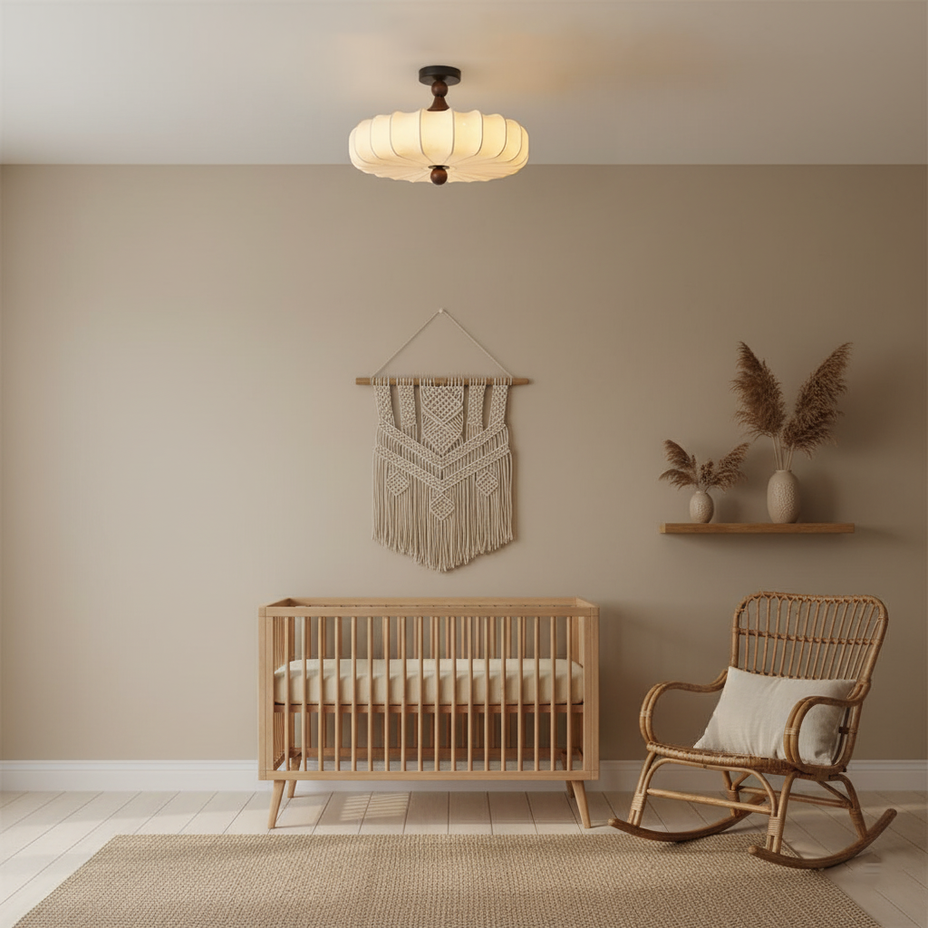 Floral Fabric Ceiling Light | Walnut Wood Detail, Warm 3000K LED