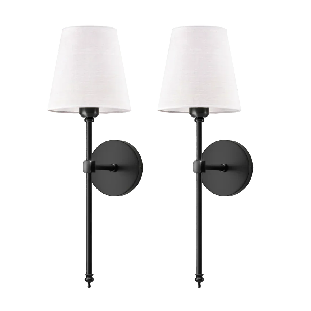Wireless Wall Sconces | Set of 2, Black & Gold Fabric Shade, E27