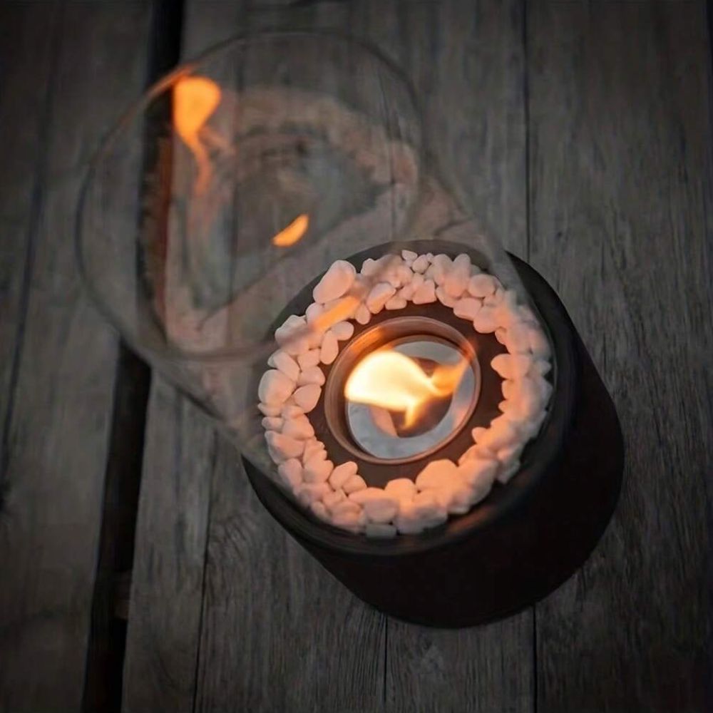 Round Glass Oil Lamp | Open Flame Table Decor, Metal Frame