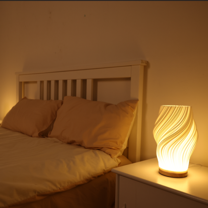 Sculptural Wood Base Table Lamp | Dimmable, USB, Wave Design