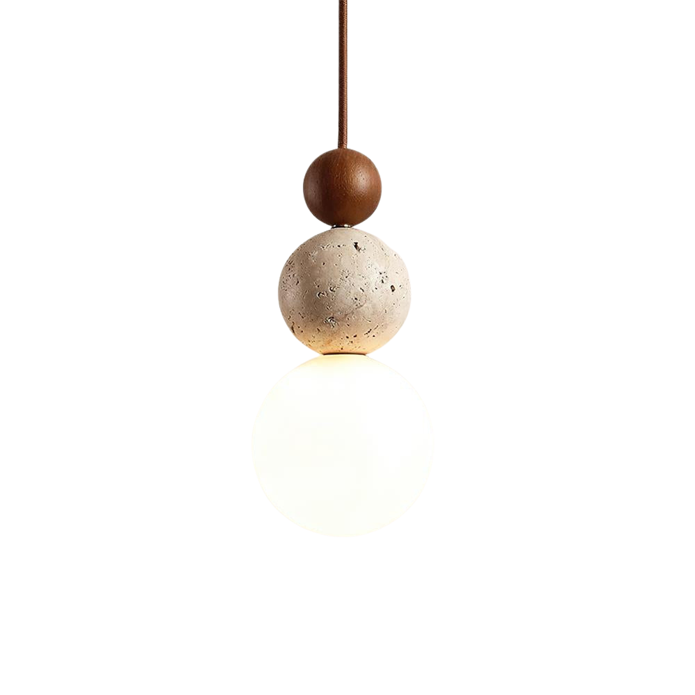 Travertine Stone Pendant Light | Opal Glass, Walnut Wood, Dimmable