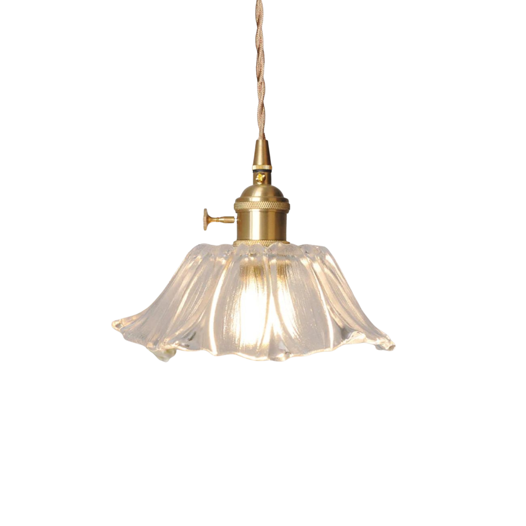 Floral Glass Pendant Light | Ribbed Shade, Gold Socket