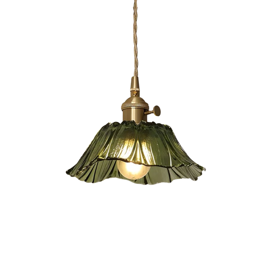 Floral Glass Pendant Light | Ribbed Shade, Gold Socket