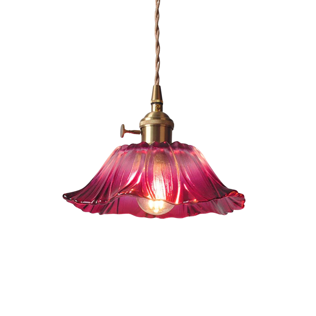 Floral Glass Pendant Light | Ribbed Shade, Gold Socket