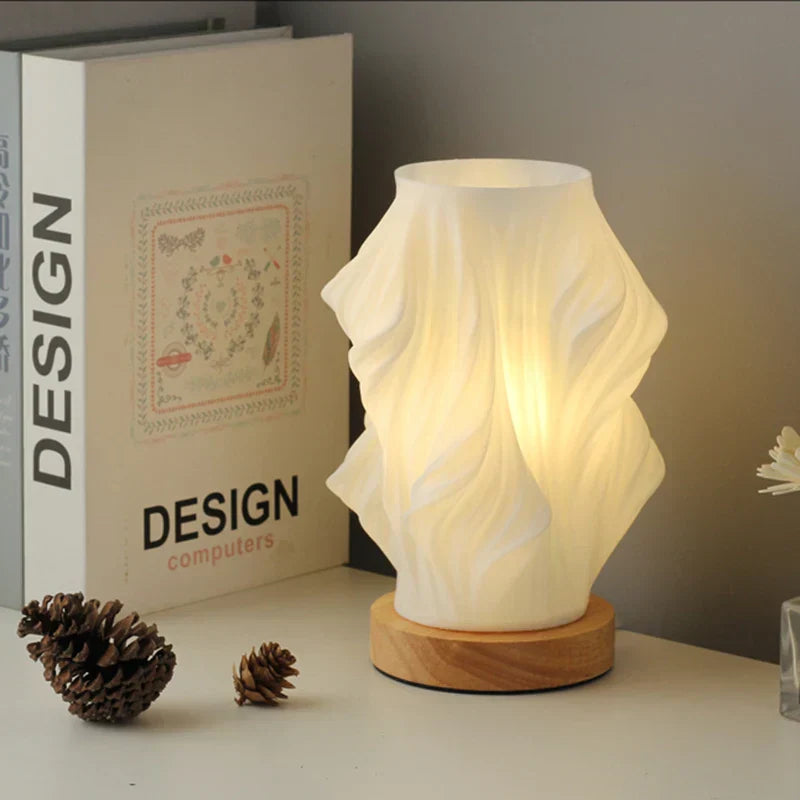 Sculptural Wood Base Table Lamp | Dimmable, USB, Wave Design