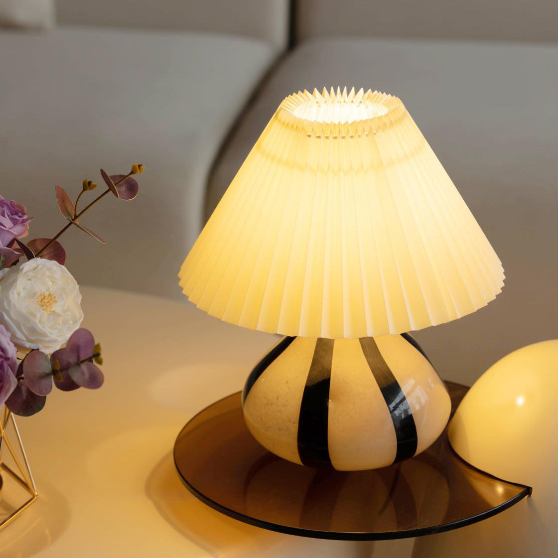 Pleated Fabric Table Lamp with Glass Base | Soft Structured Light, E27