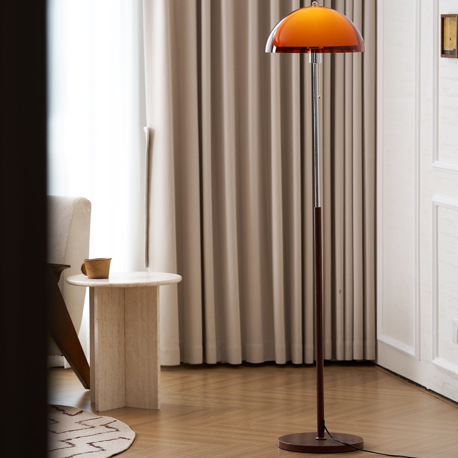 Walnut Wood Floor Lamp with Amber Dome | Mid-Century Vintage Style, E27