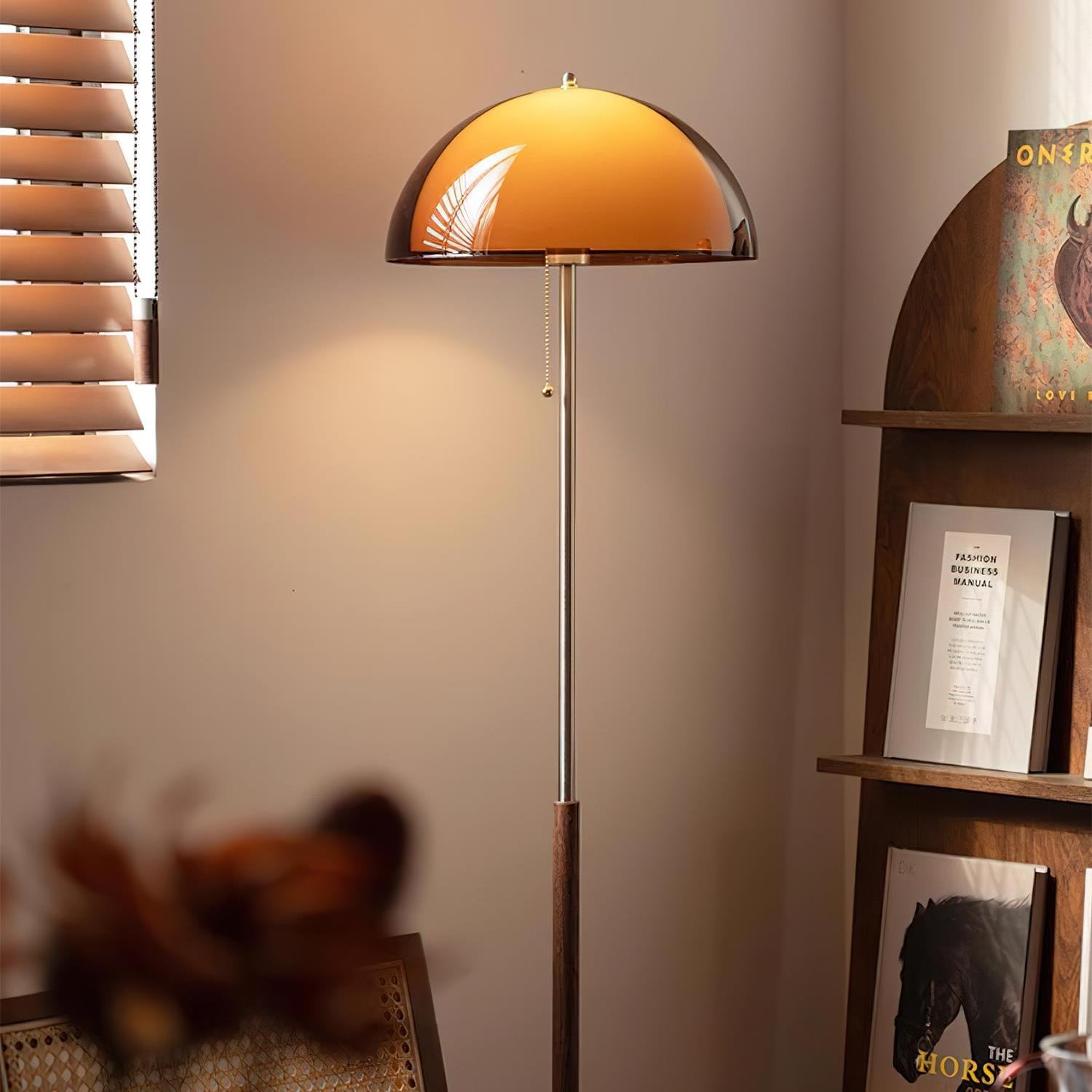 Walnut Wood Floor Lamp with Amber Dome | Mid-Century Vintage Style, E27