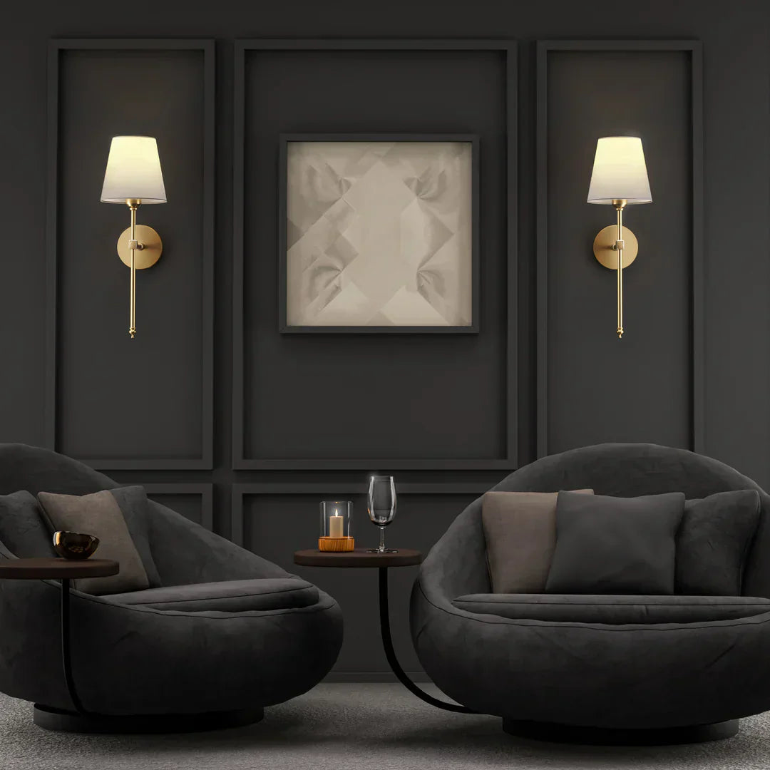 Wireless Wall Sconces | Set of 2, Black & Gold Fabric Shade, E27