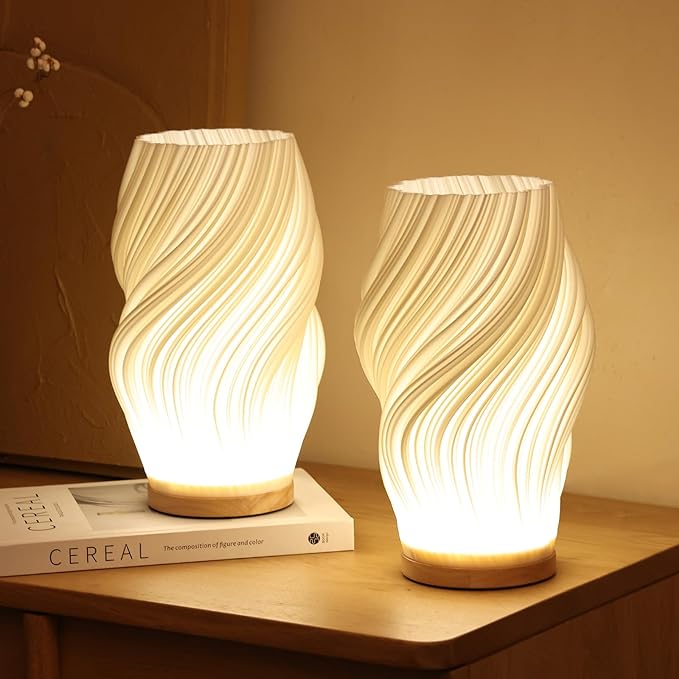 Sculptural Wood Base Table Lamp | Dimmable, USB, Wave Design
