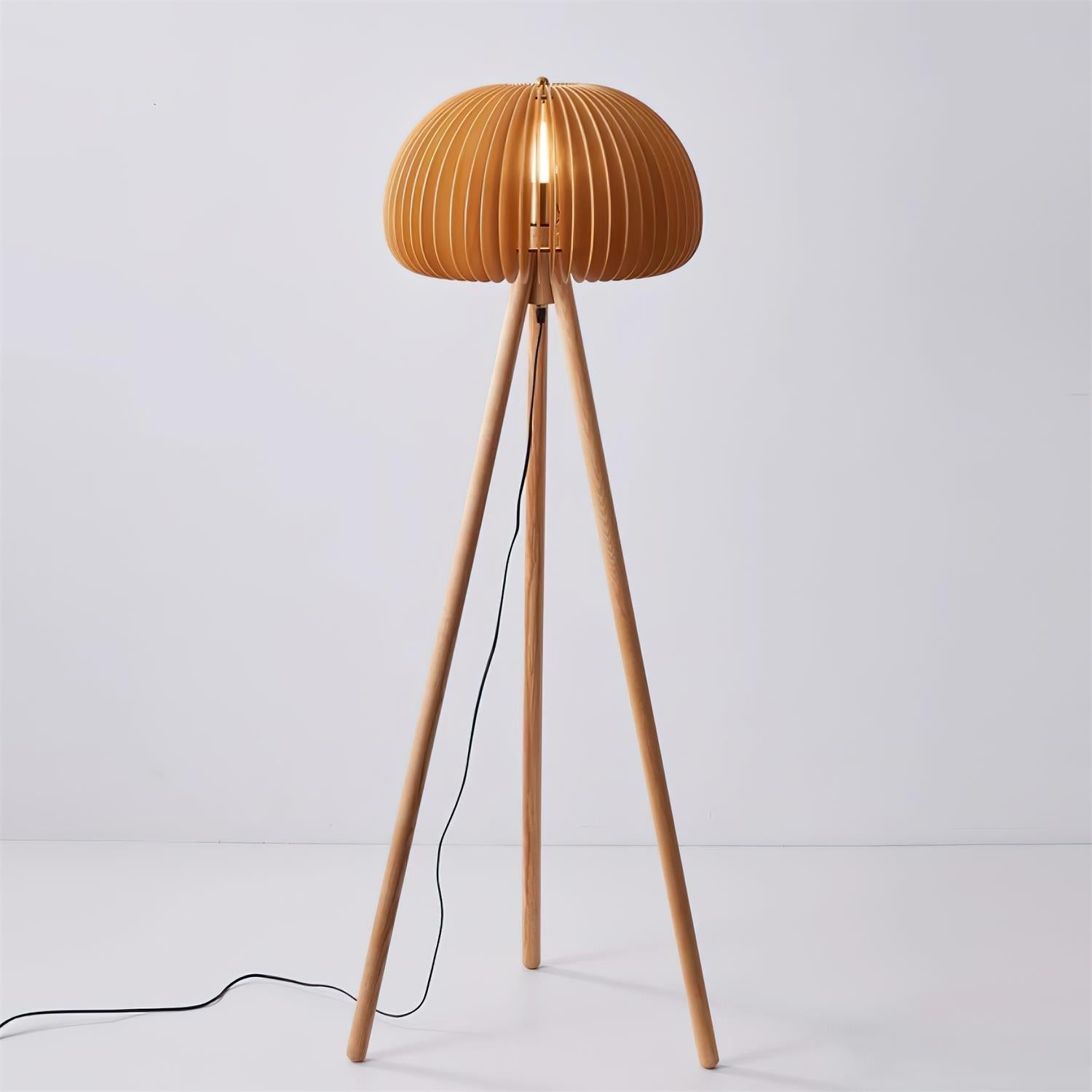 Wood Slat Tripod Floor Lamp | Sculptural Dome Shade, Natural Wood
