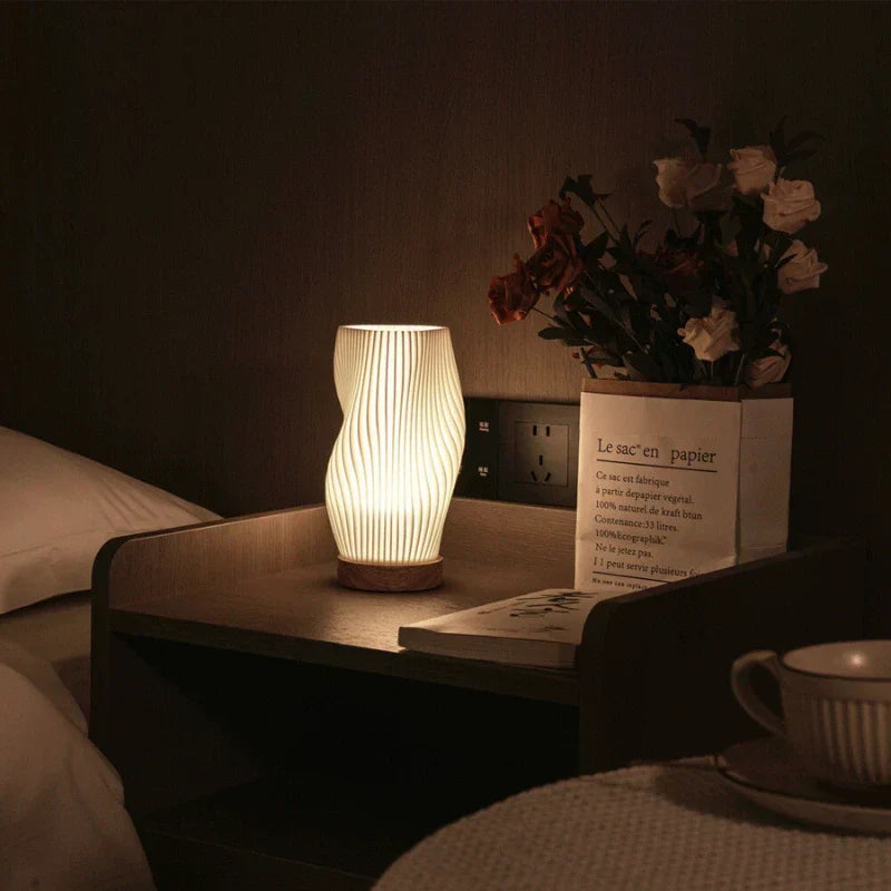 Sculptural Wood Base Table Lamp | Dimmable, USB, Wave Design