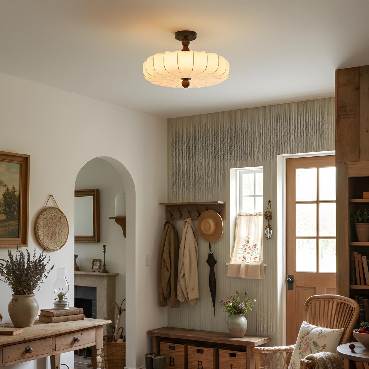 Floral Fabric Ceiling Light | Walnut Wood Detail, Warm 3000K LED