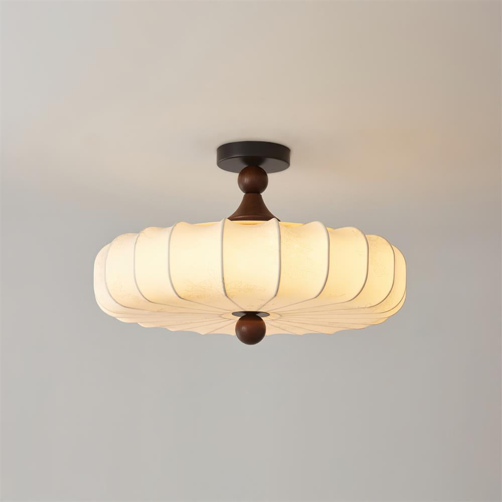 Floral Fabric Ceiling Light | Walnut Wood Detail, Warm 3000K LED