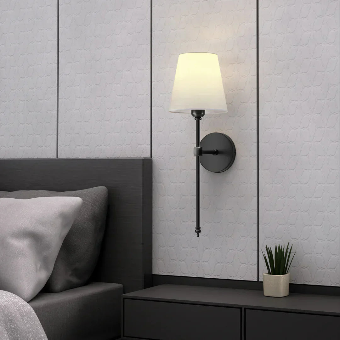 Wireless Wall Sconces | Set of 2, Black & Gold Fabric Shade, E27