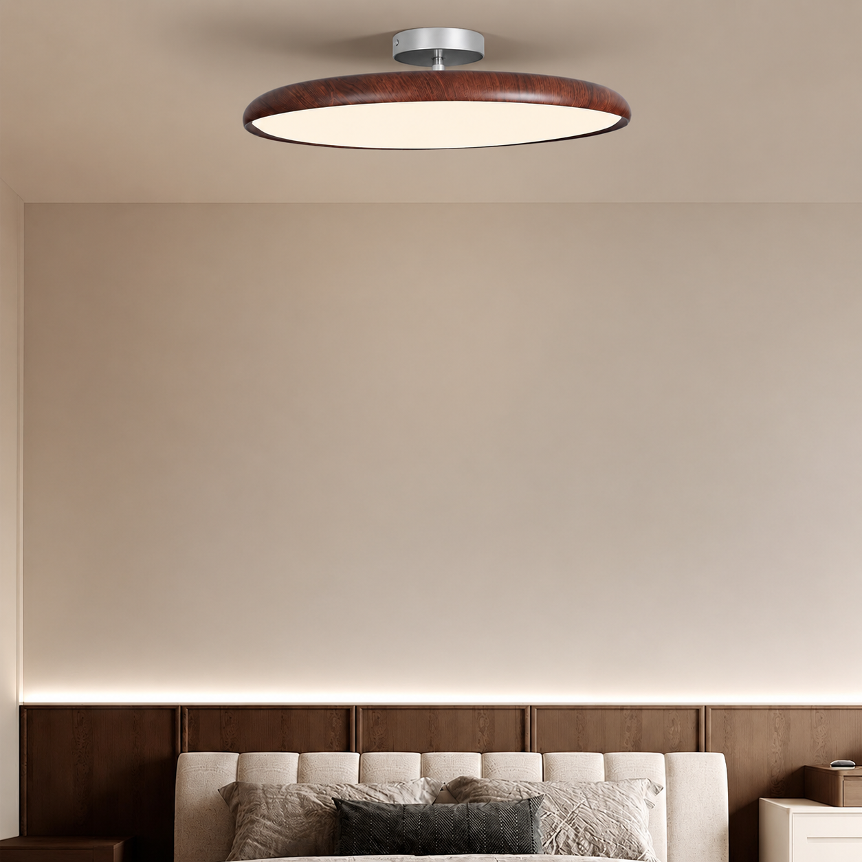 Round Flush Mount Ceiling Light | Wood-Effect Frame, 3000K Warm White