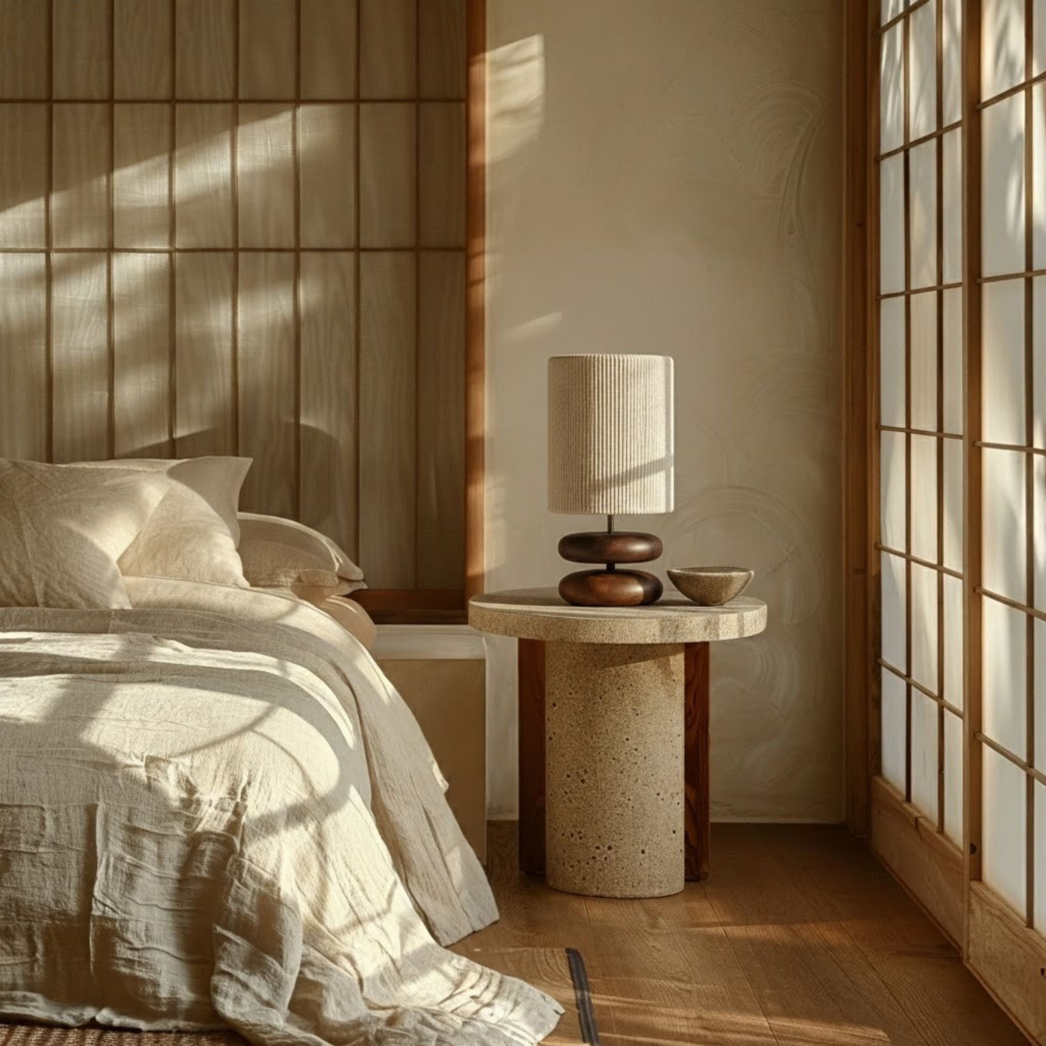 Walnut Wood Table Lamp with Fabric Shade | Warm, Sculptural Design
